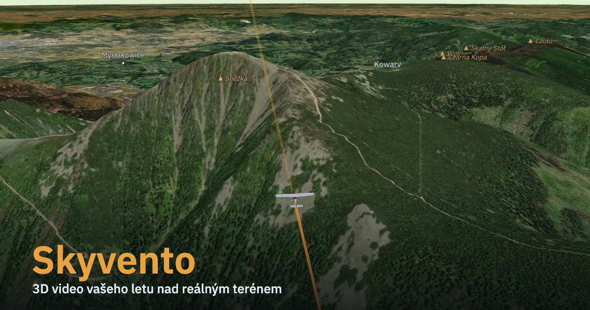 Skutečný záběr ze Skyventa: letadlo a trasa letu nad Krkonošemi